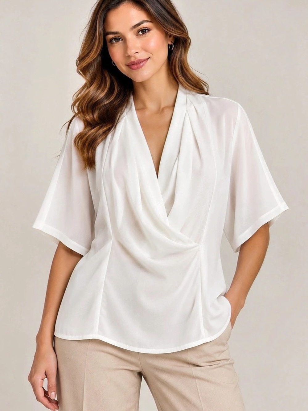 White Draped Crossover Neck Blouse Kimono Style Wide Sleeve Minimalist Top s/m